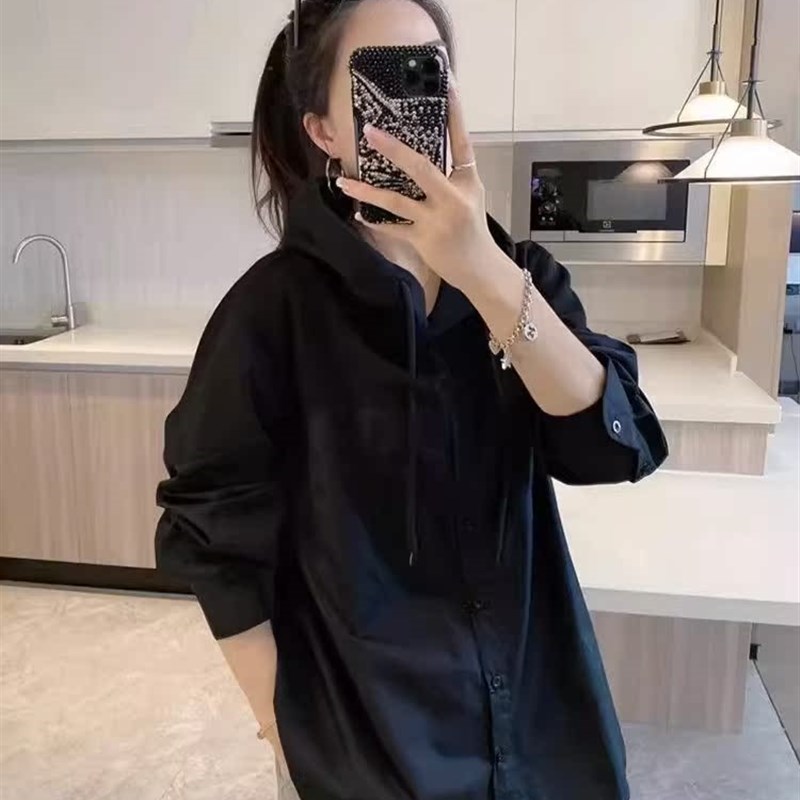 加肥大码300斤韩版连帽黑色衬衫男女春秋宽松休闲拼接卫衣设计感