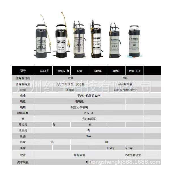 德国Gloria喷雾器水泥油枪喷涂清洁喷雾器505T压力清洁喷雾器喷壶