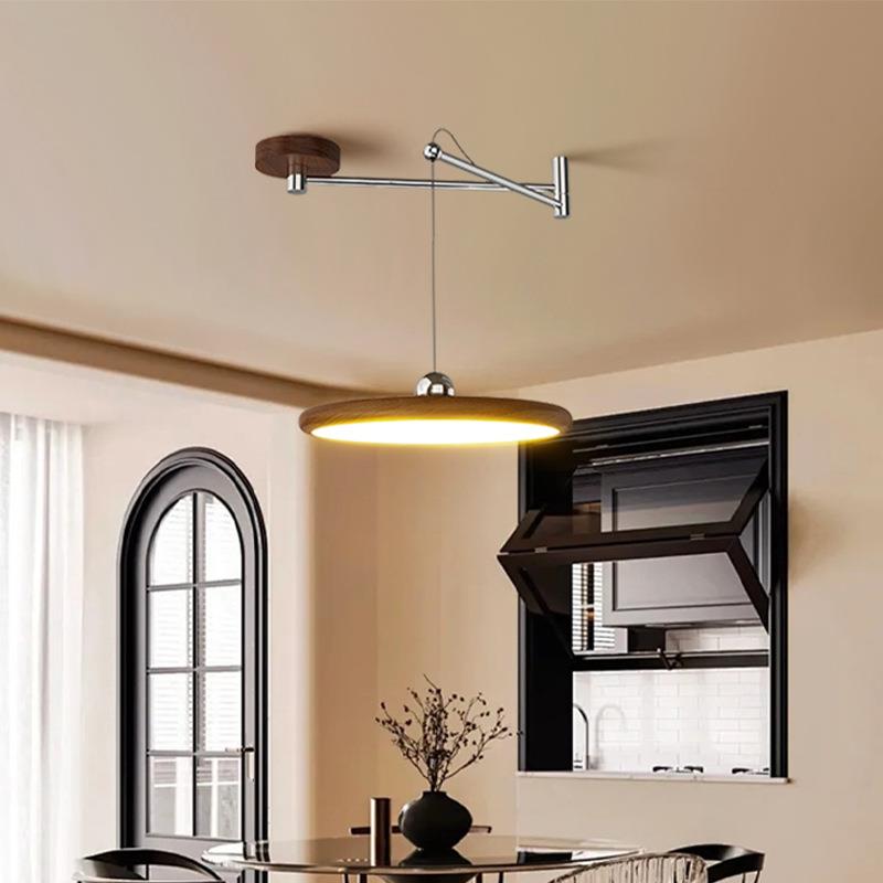 法式中古风摇臂飞碟餐厅吊灯复古胡桃木色奶油风可移位餐桌吧台灯