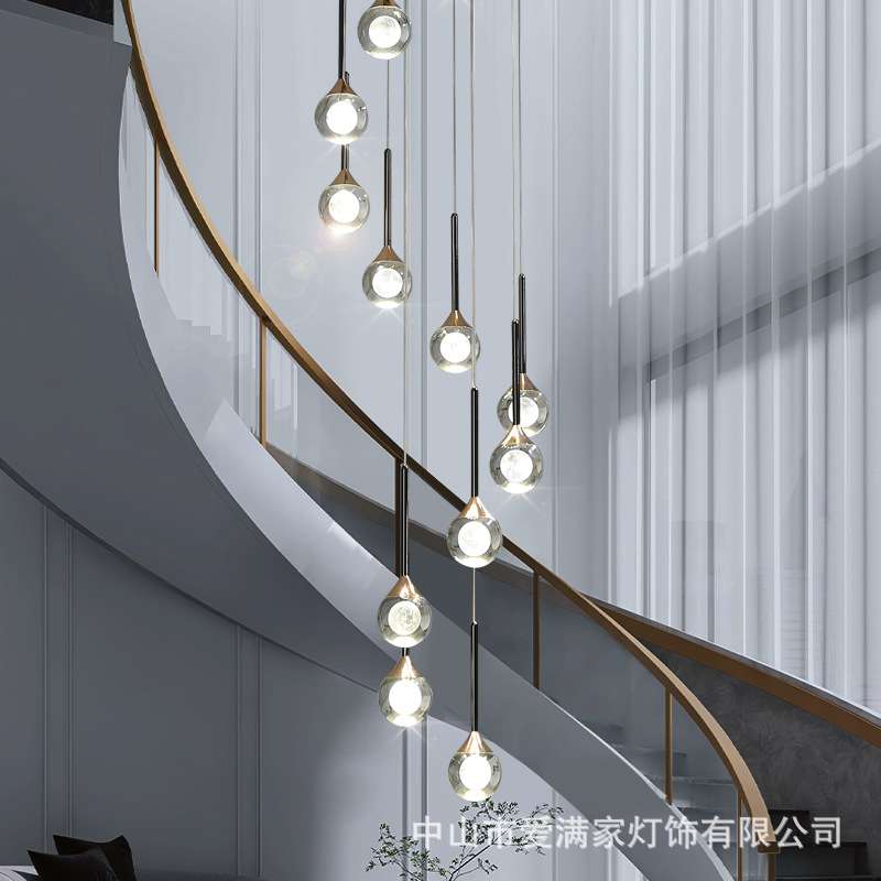楼梯吊灯现代简约水晶轻奢LED节能别墅复式楼梯间旋转中空loft灯