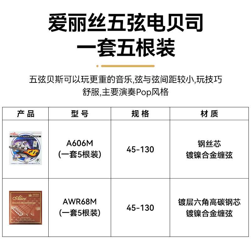 爱丽丝A606 AWR68电贝司琴弦五弦专业演奏电贝斯弦套弦Bass贝司弦