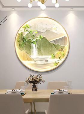 流行简约绿色奶油风流水生财玄关装饰画山水画客厅挂画圆形餐厅画