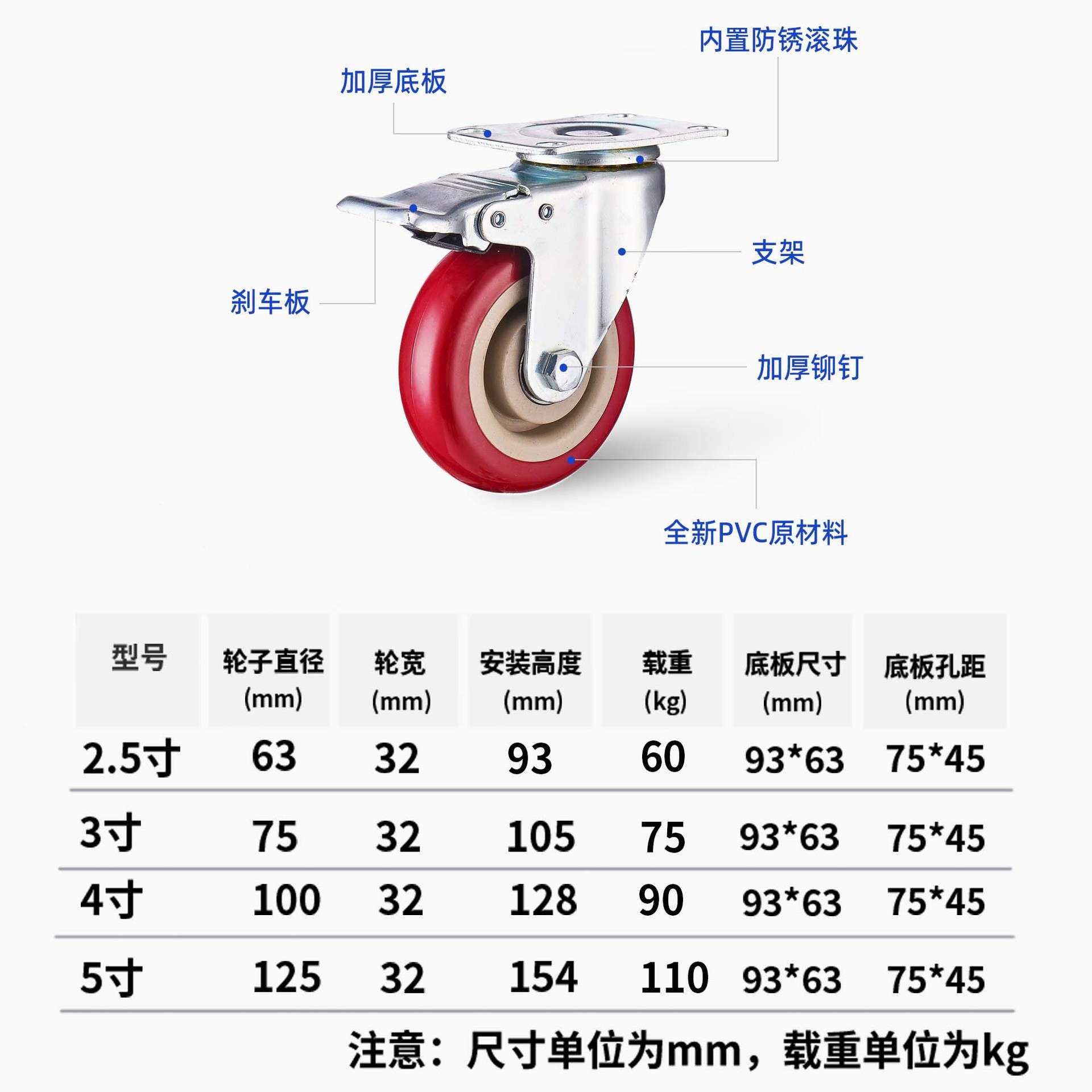 厂家 2.5、3、4、5寸枣红PVC工业中型万向轮子手推车定向脚轮