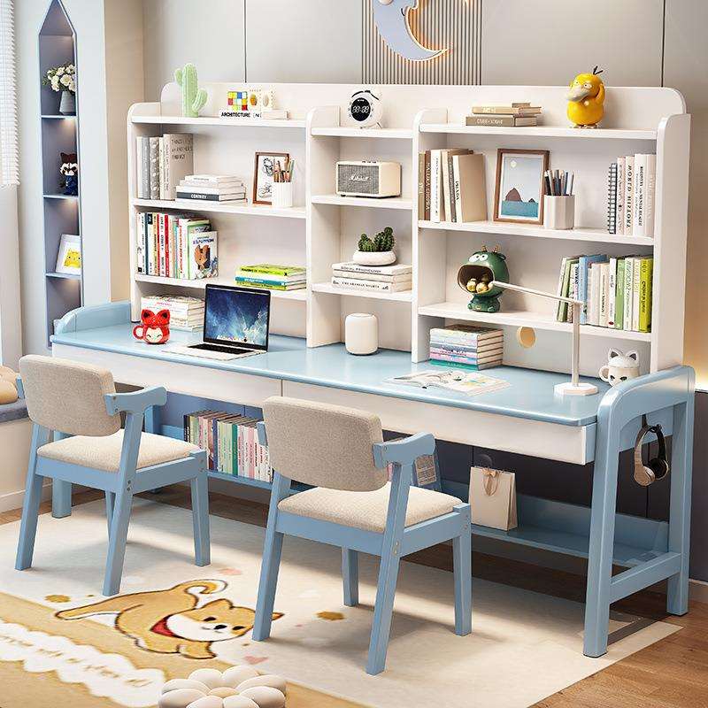 实木双人书桌带抽屉书架一体桌家用学生儿童写字桌简约双人学习桌