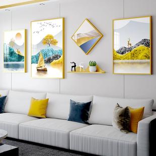新中式长款客厅4框晶瓷山水画铝合金装饰画置物架组合金属画框