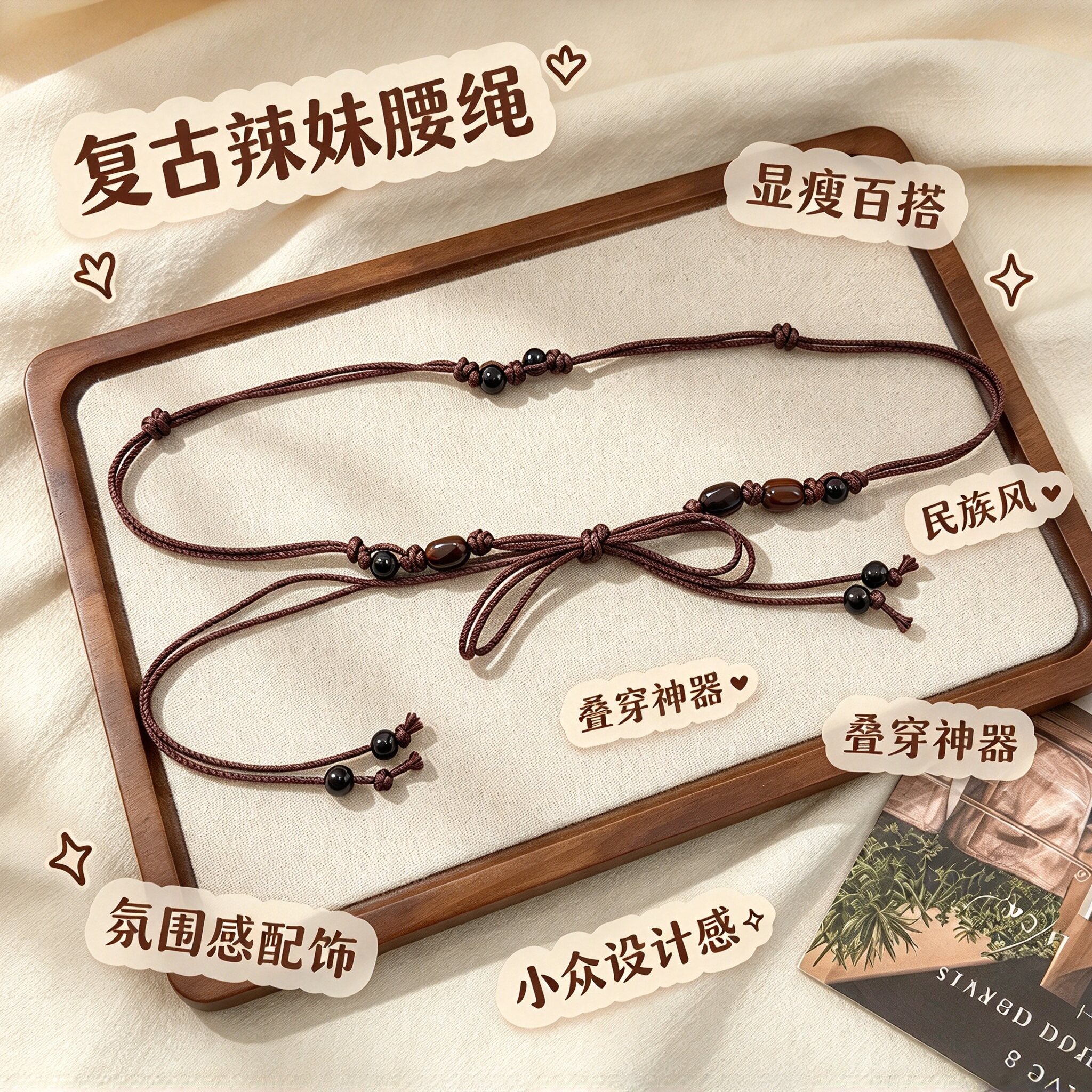 复古波西米亚串珠编织腰带女百搭