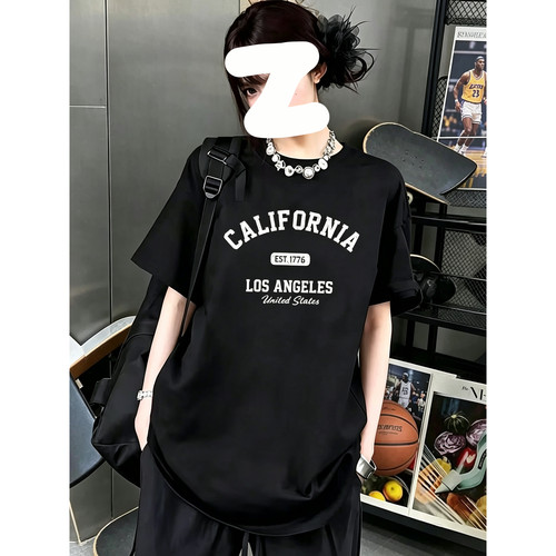 美式短袖落肩宽松字母T恤女