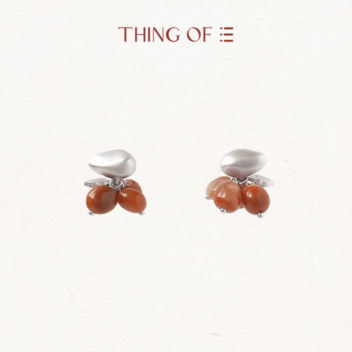 THING OF E【赤】系列 米形珠短簇耳环 天然南红玛瑙耳钉红色耳饰