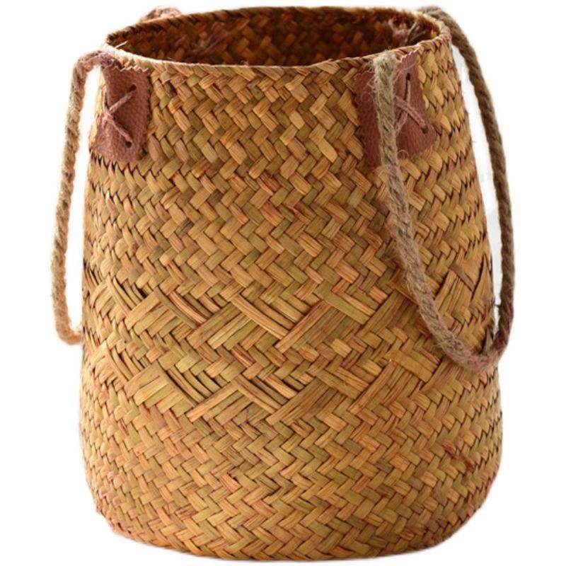 田园藤编花篮手工编织草编花盆北欧客厅装饰竹编草编干花插花花器