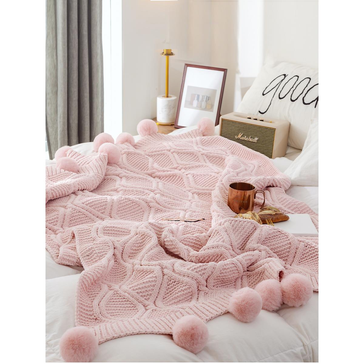 加厚雪尼尔毛球盖毯针织毯子粗毛线编织床尾毯搭巾装饰沙发毯毛毯