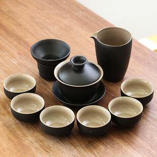 凌胜禅风黑黑陶茶具套装家用功夫茶杯粗陶陶瓷盖碗泡茶壶茶海茶道