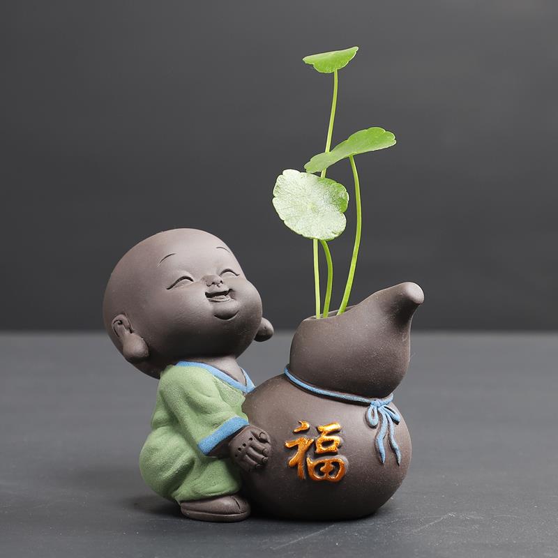 可爱小和尚花器创意茶宠摆件精品可养紫砂茶台茶具配件水培小花瓶
