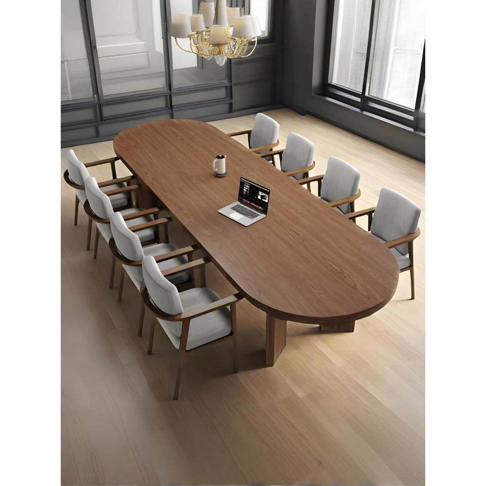 实木会议桌长桌椭圆形桌子大板桌简约现代洽谈长条桌办公桌椅组合