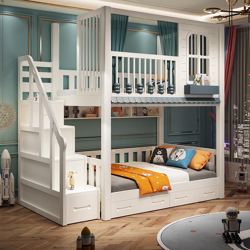 全实木上下铺双层床高护栏儿童双层床子母床两层上下床树屋床定制