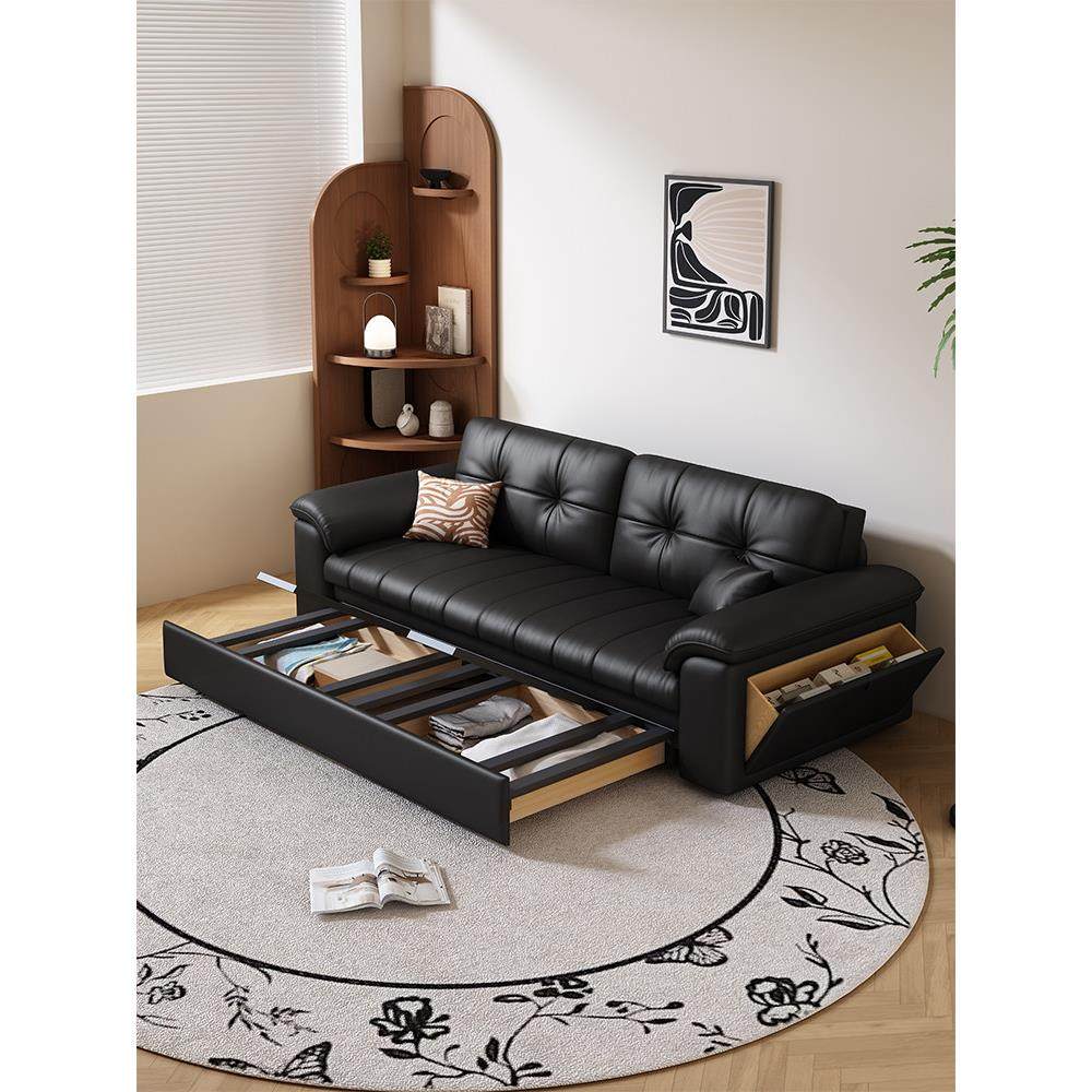 伸缩储物沙发床一体两用客厅新型实木折叠猫爪皮沙发床轻奢高级黑