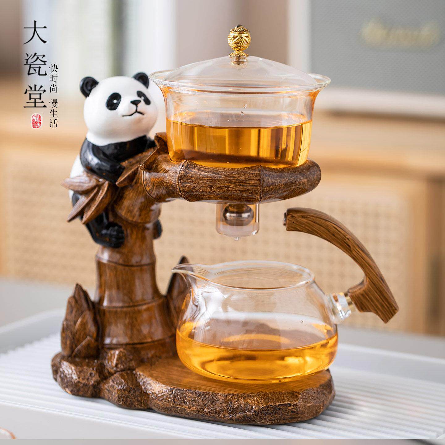 熊猫造型玻璃自动茶具功夫茶具套组彷木质底座自动泡茶懒人茶壶