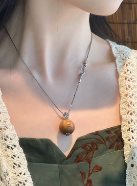 S925银五条经文老山檀圆珠吊坠仅吊坠侧坠配饰新中式 M7832