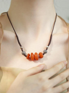 S925银蜜蜡祥云珠莲花星月菩提深咖抽绳项链 N16609