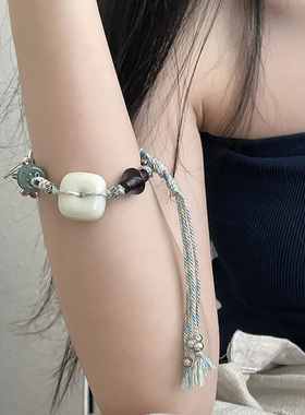 S925银玛瑙竹节和田平安扣翡翠圆珠编绳手链小众设计 S08652