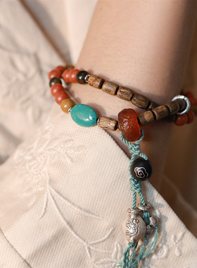 手工S925银南红松石玛瑙祥云沉香黑檀木大象弹力双层手串S07809