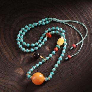 吊坠925银松松圆珠随型蜡蜡枣珠笑面佛吊坠抽拉项链民族风 N18862