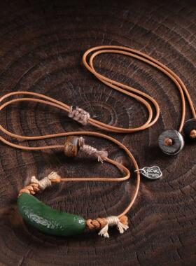 和田玉碧玉肌理牛角弯管乌木银线隔珠项链复古百搭民族风 N18877
