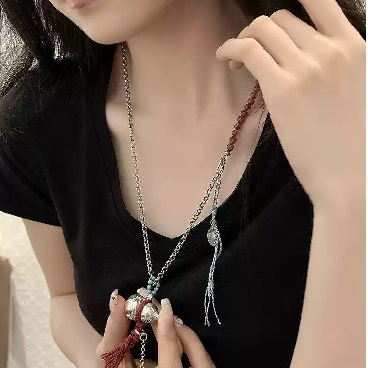 S925银南红葫芦蝙蝠扣翡翠蓝水平安扣天师葫芦项链 N18055