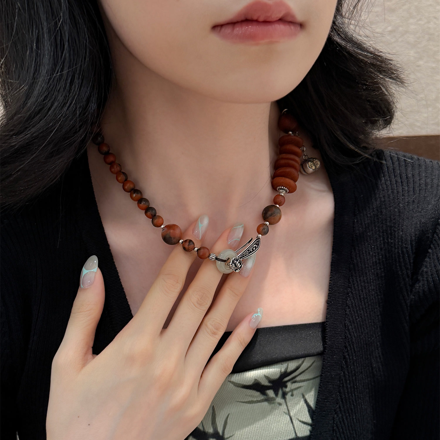 S925银铁皮南红蜜蜡玛瑙葫芦和田玉跑环如意柿子项链 N18251