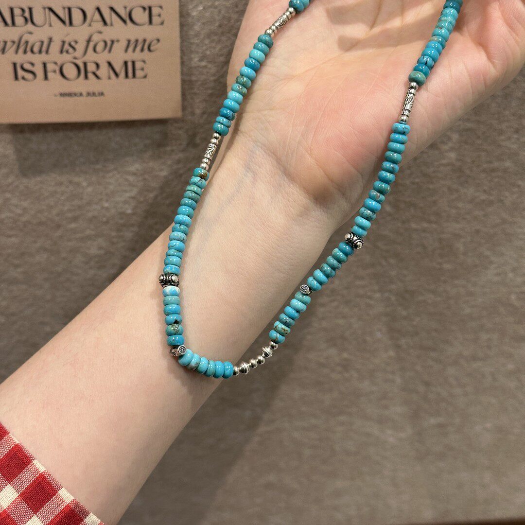 链子925银叶子桶珠碎银绿色珠珠项链复古百搭民族风简约 N17837