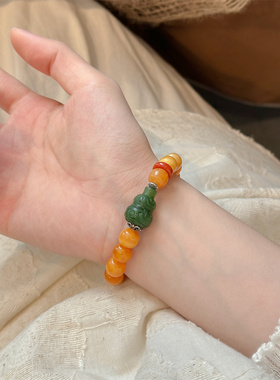 S925银蜜蜡碧玉葫芦凤凰珠翡翠深红圈弹力手串 S09105