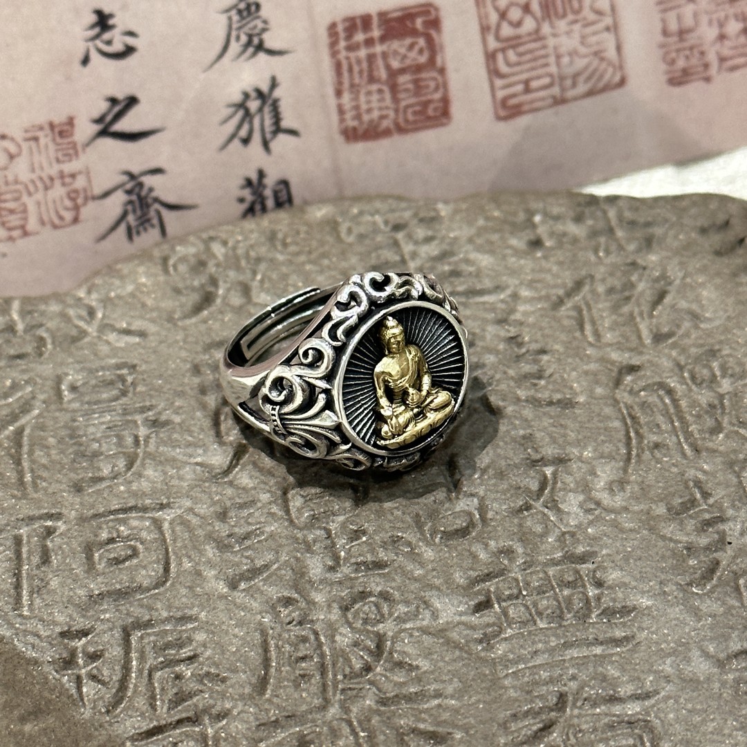 S925银药师心经药师佛戒指 J13049