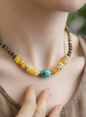 S925银蓝色松石花绿石偏黄色松石蜜蜡车项链N16610