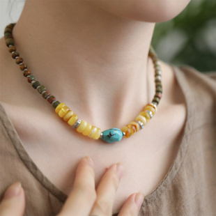 S925银蓝色松石花绿石偏黄色松石蜜蜡车项链N16610