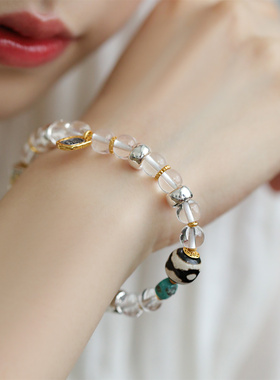 S925银白水晶扑克花色骰子扎基天珠松石手串 S08765