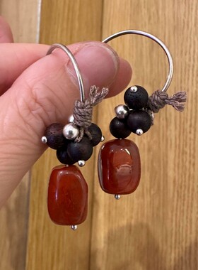 S925银随型枣珠南红耳环女降真香C型耳针耳饰新中式民族风 E26530