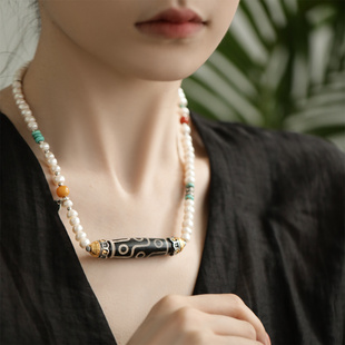 S925银莲花几何天天桶珠松石珍珠项链N16225