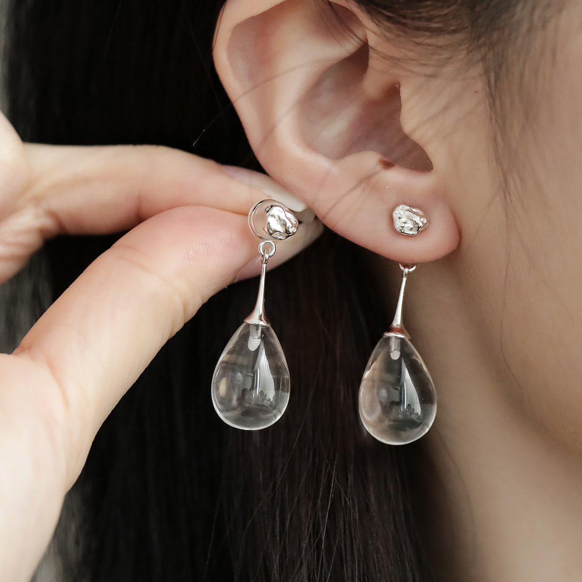 S925银白水晶水滴耳环耳钉女新中式国风气质轻奢耳饰 E27001