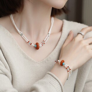 N19030 百搭国风 链子925银 淡水珠珠松松隔珠小细管饼子项链时尚