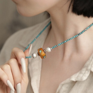 S925银松石南红尼泊尔黄色大车轮珠珍珠项链 N18961