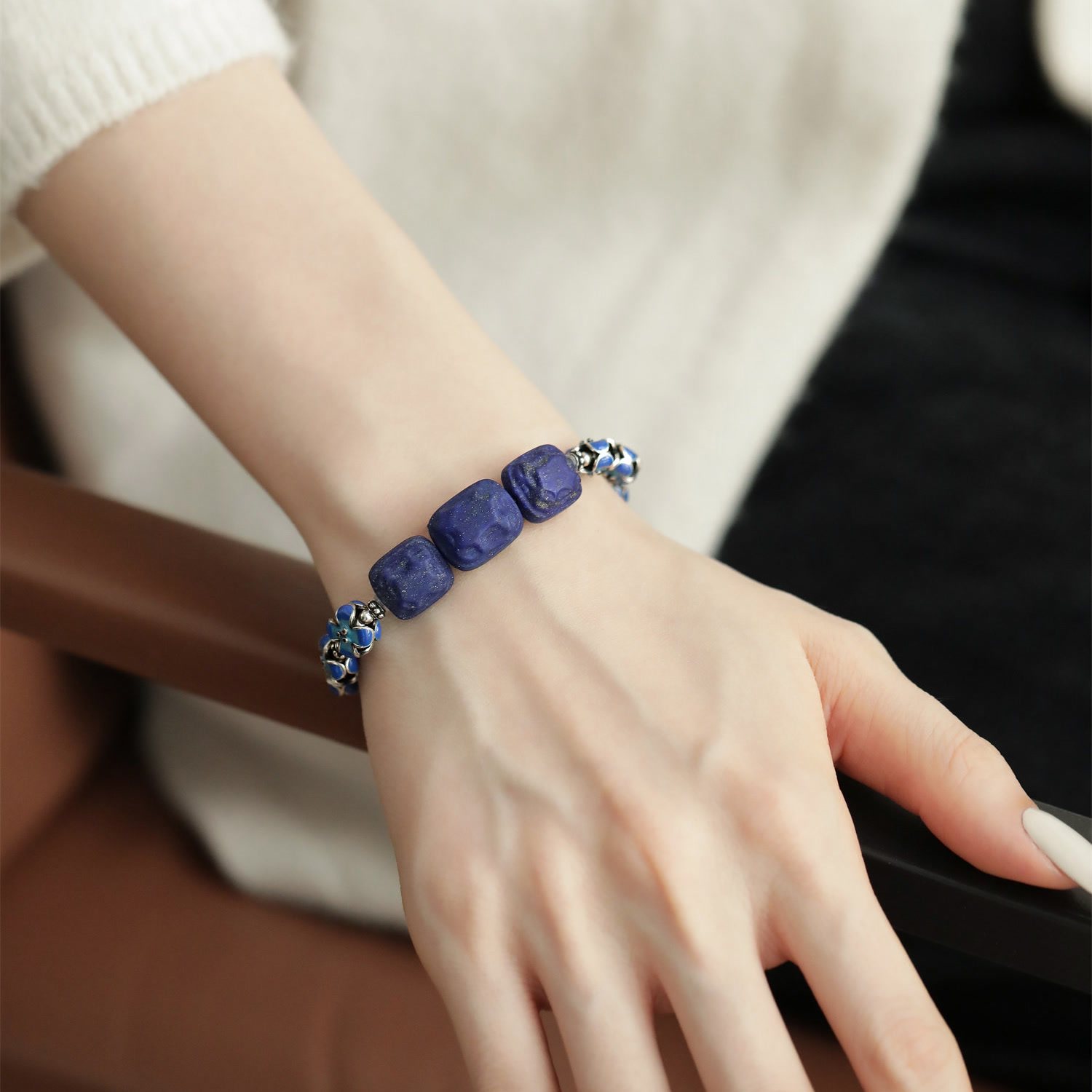 S925银肌理长方青金石四方花称心如意吊坠手链民族风百搭 S12839