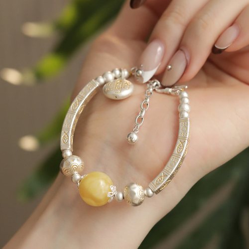 s925银蜜蜡圆珠描金方形弯管扎基拉姆银珠手链复古民族风 S12264