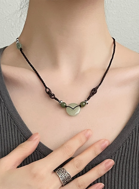 S925银和田玉老型珠玉平安扣翡翠铜钱编绳项链 N16869