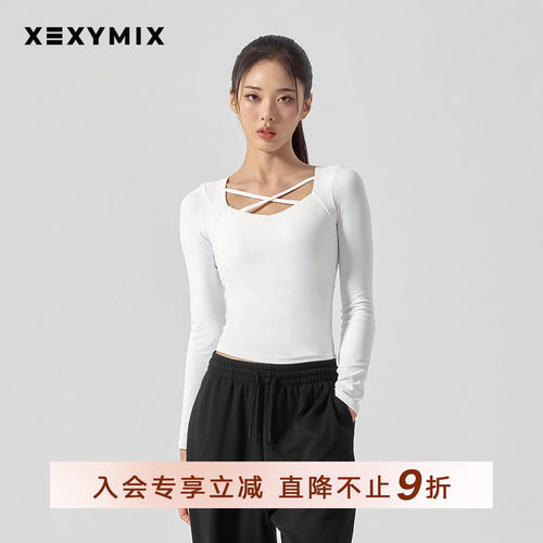 女领口交叉细带长袖T恤BRA