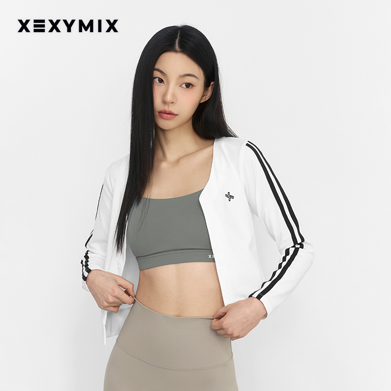 xexymixV领撞色条针织开衫