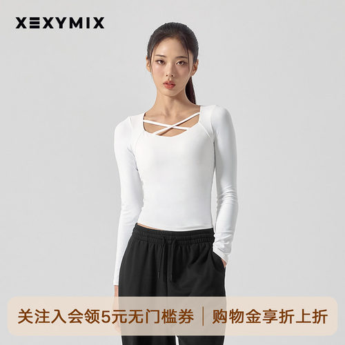 女领口交叉细带长袖T恤BRA