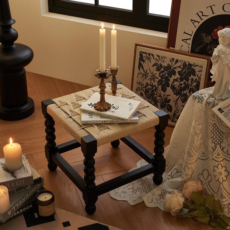 法式复古小凳子榻榻米茶几手编织实木换鞋凳门口矮凳客厅家用儿童