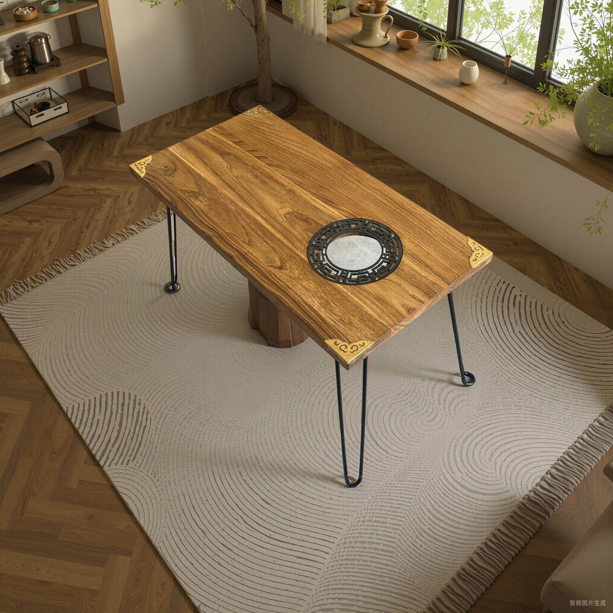 户外实木折叠桌老榆木围炉煮茶桌庭院露营便携式加厚家用野餐桌