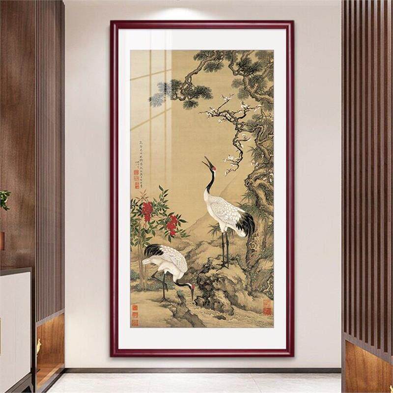 入户玄关画松鹤延年挂画新中式客厅装饰画楼梯走道壁画仙鹤寿桃图