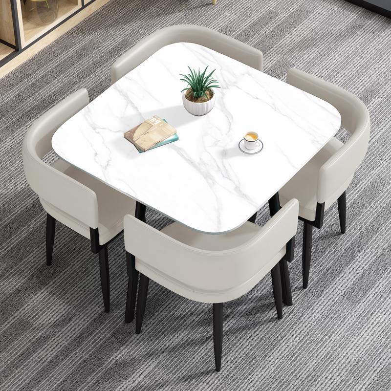 轻奢岩板小户型休闲饭桌圆形简约现代网红极简接待洽谈方桌椅组合