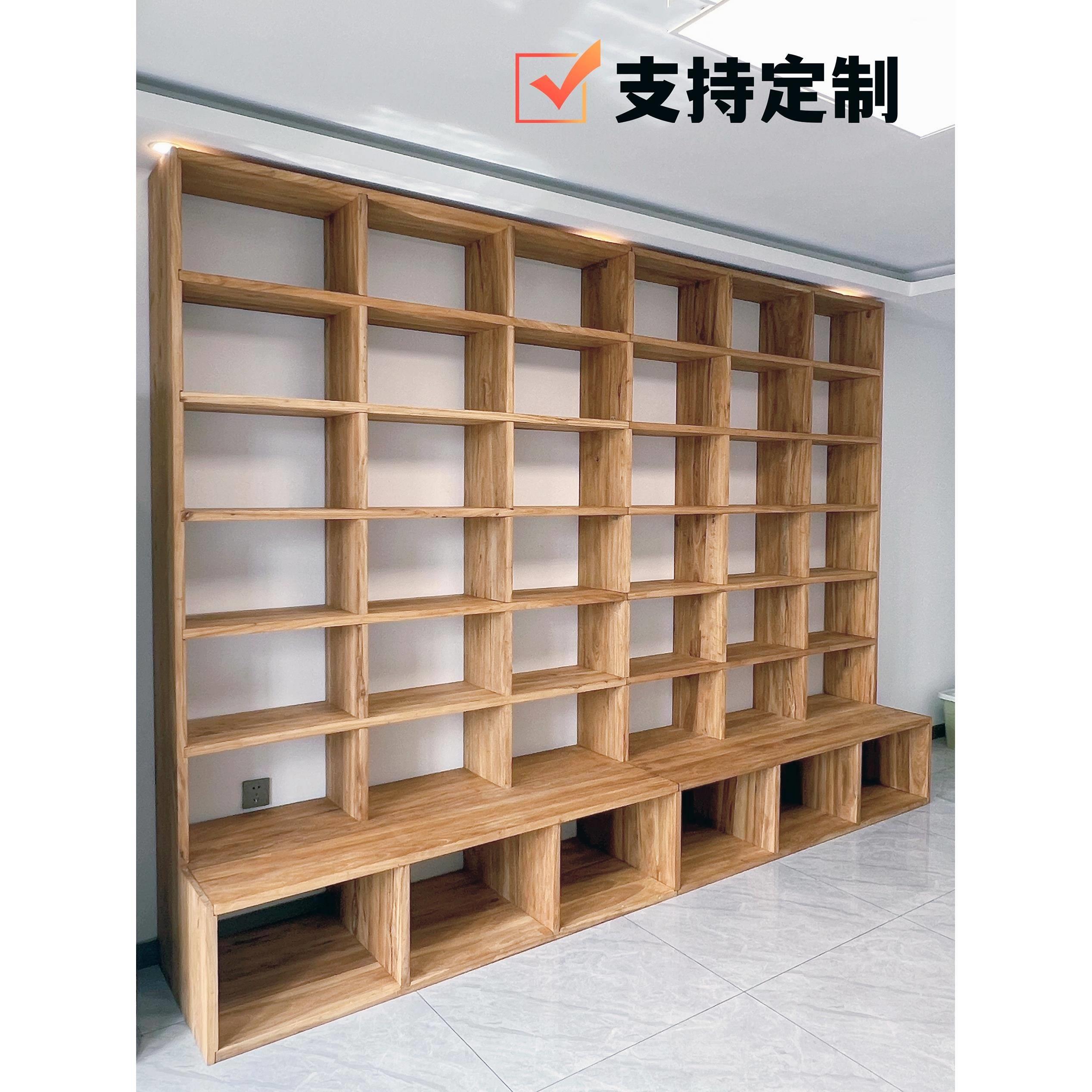 定制老榆木实木书架 满墙书柜置物落地格子架 实木展示柜客厅书架